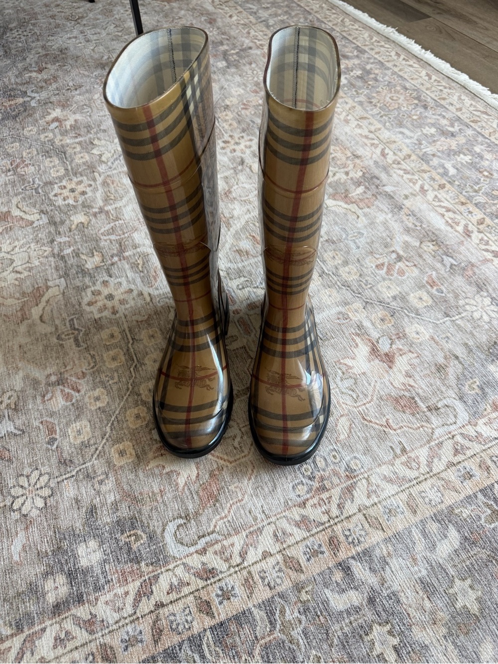 Burberry Beige Plaid Tall Rain Boots